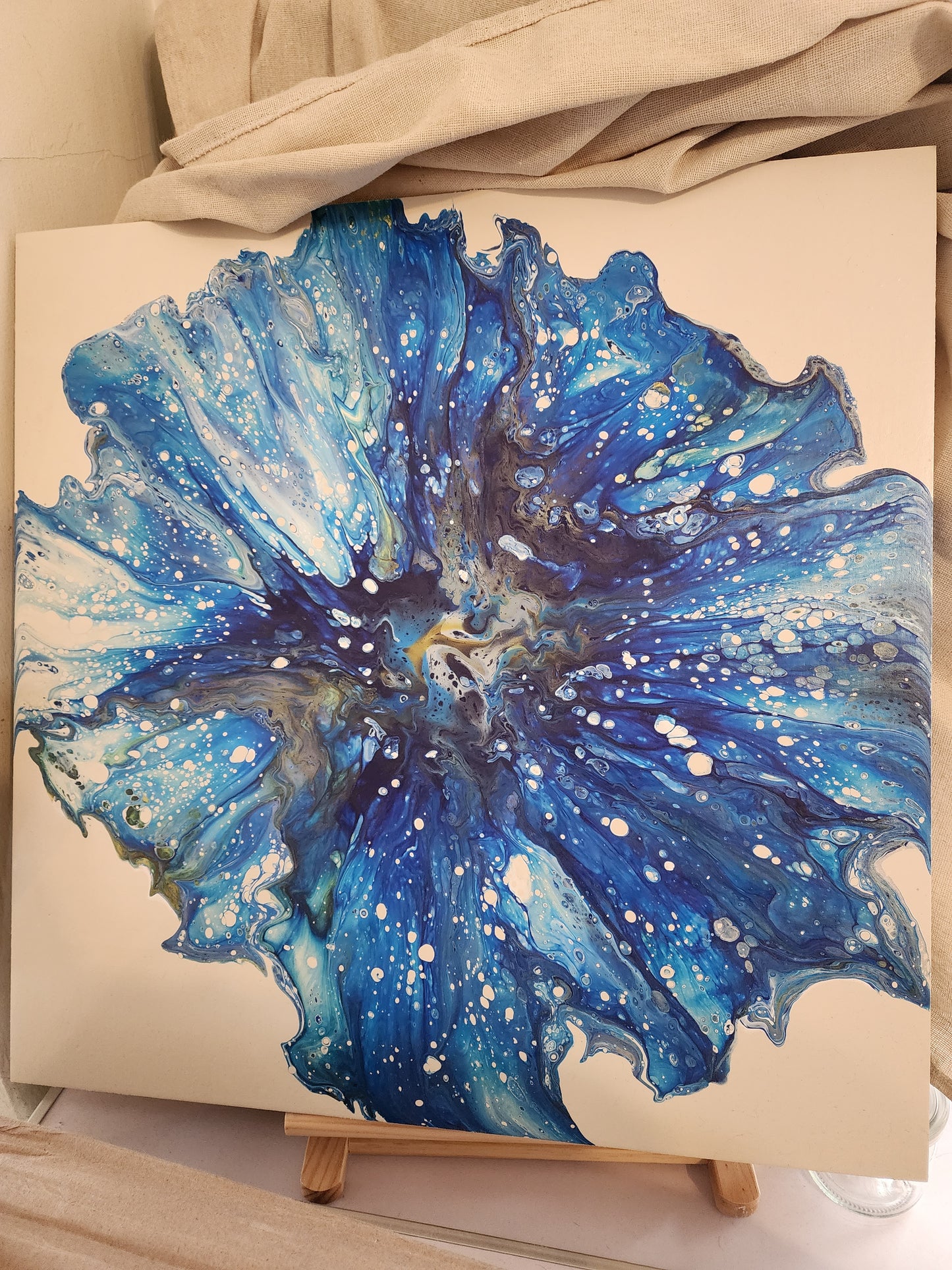 Peacock Metalic Blue Floral Fluid Art Acrylic Dutch Pour