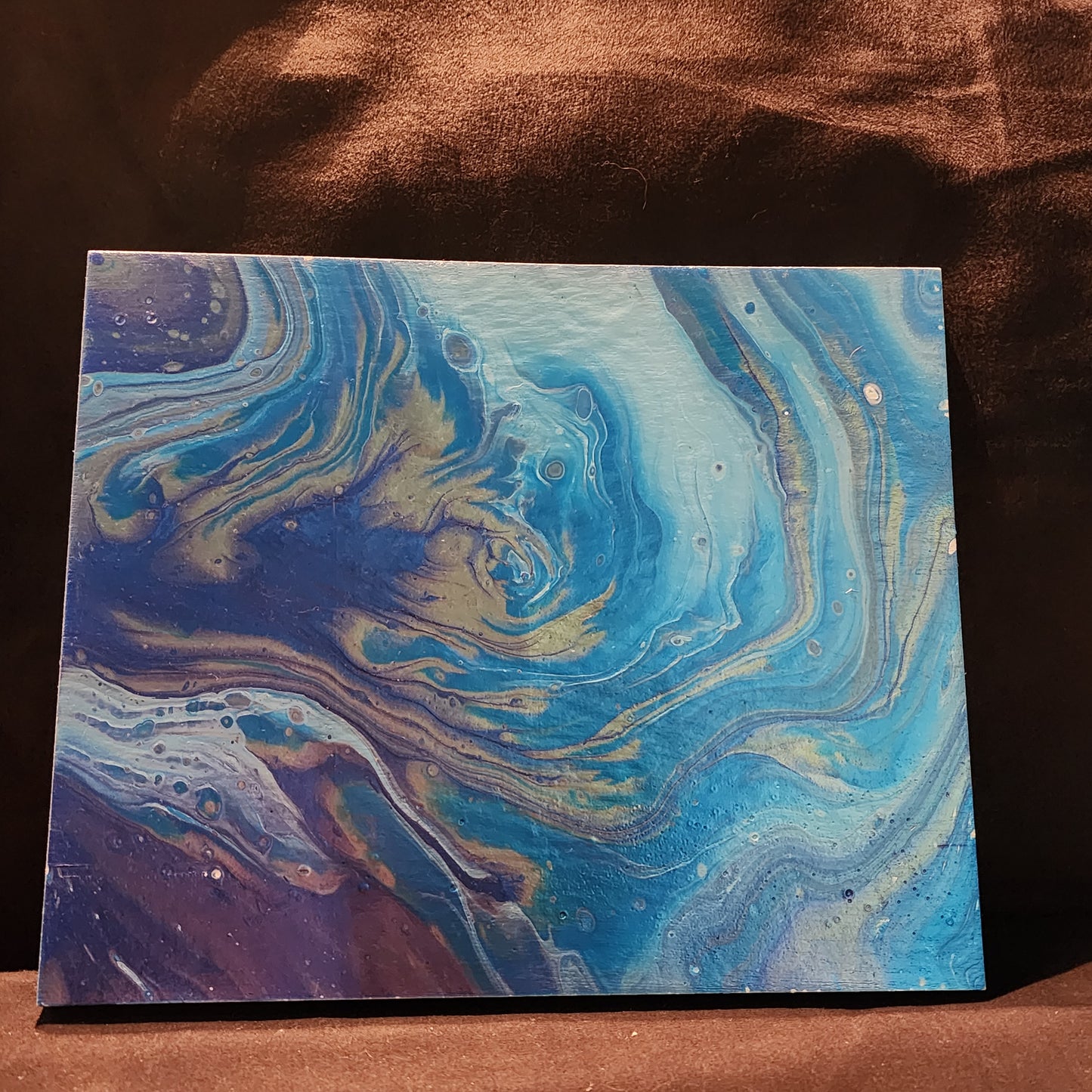 Blue Metalic Pearl Interference & Gold- Fluid Acrylic Dutch Pour 12x12 Wood Canvas